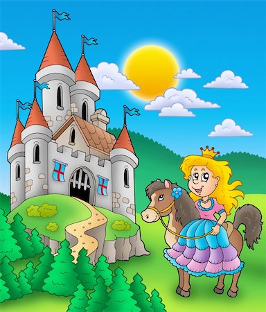 Princess on horse with castle - color illustration. Stock Photo - Budget Royalty-Free & Subscription, Code: 400-04281211