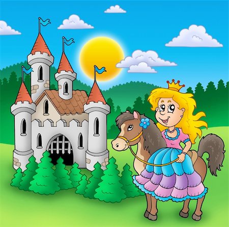 Princess on horse with old castle - color illustration. Stock Photo - Budget Royalty-Free & Subscription, Code: 400-04281212