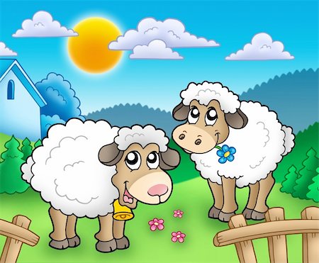 simsearch:400-04235699,k - Two cute sheep behind fence - color illustration. Foto de stock - Royalty-Free Super Valor e Assinatura, Número: 400-04281222