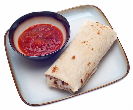 simsearch:400-05308926,k - Delicious Burrito with Salsa Isolated on White with a Clipping Path. Photographie de stock - Aubaine LD & Abonnement, Code: 400-04281267