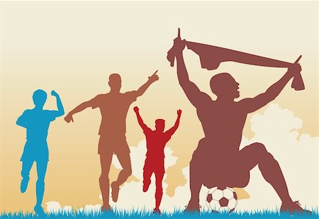 football team celebration - Editable vector colorful silhouettes of a soccer player celebrating a goal plus team-mates Photographie de stock - Aubaine LD & Abonnement, Code: 400-04281373