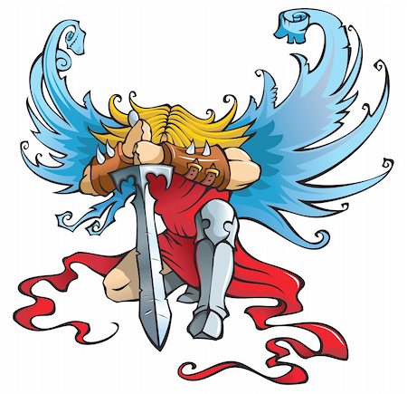 Angel with large sword, kneeling with open wings, vector illustration Foto de stock - Super Valor sin royalties y Suscripción, Código: 400-04281433