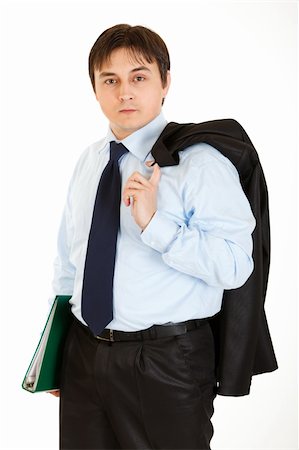 simsearch:400-05285550,k - Thoughtful young businessman with jacket on his shoulder holding folder in  hand isolated on white Stockbilder - Microstock & Abonnement, Bildnummer: 400-04281868