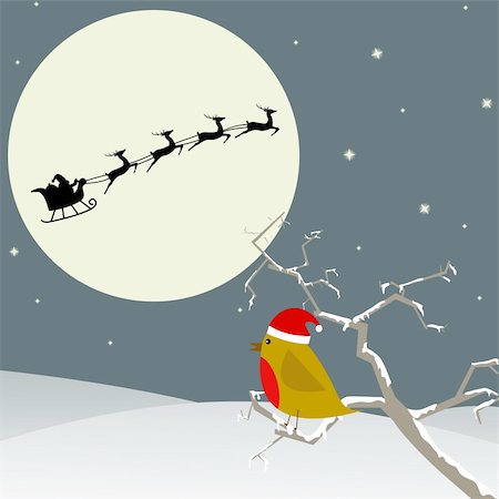 robin christmas - Red Robin sitting in a tree looking at Santa in the sky Stock Photo - Budget Royalty-Free & Subscription, Code: 400-04281990