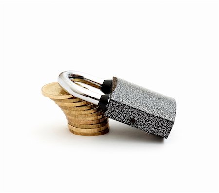 locked money concept. stack coin and lock isolated on white Stock Photo - Budget Royalty-Free & Subscription, Code: 400-04282347