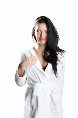 simsearch:400-05112444,k - portrait of fresh and beautiful brunette woman on white background wearing white bathrobe Stock Photo - Budget Royalty-Free & Subscription, Code: 400-04282656