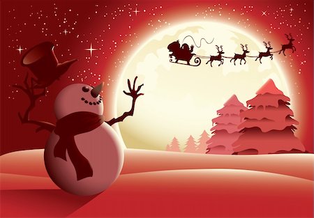 scene cartoons characters - Snowman Waving To Santa Red Version Stock Photo - Budget Royalty-Free & Subscription, Code: 400-04282787