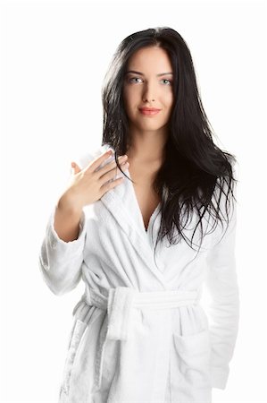 simsearch:400-05112444,k - portrait of fresh and beautiful brunette woman on white background wearing white bathrobe Stock Photo - Budget Royalty-Free & Subscription, Code: 400-04282944