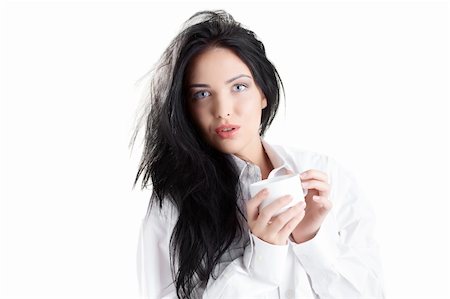 simsearch:400-05112444,k - portrait of fresh and beautiful brunette woman on white background wearing white bathrobe Stock Photo - Budget Royalty-Free & Subscription, Code: 400-04282945