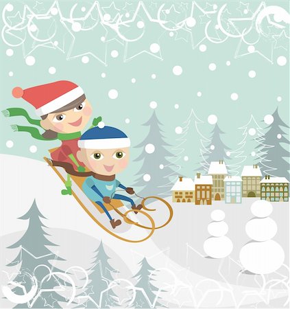 snowmen backgrounds - Boy and girl on a sledge Stock Photo - Budget Royalty-Free & Subscription, Code: 400-04283062