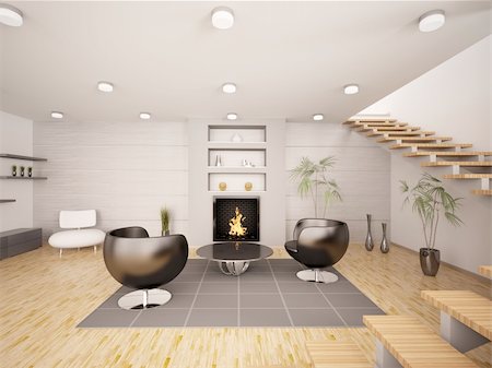 Modern interior of living room with fireplace and staircase 3d render Stock Photo - Budget Royalty-Free & Subscription, Code: 400-04283638