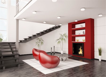 Modern interior of living room with fireplace and staircase 3d render Foto de stock - Super Valor sin royalties y Suscripción, Código: 400-04283639
