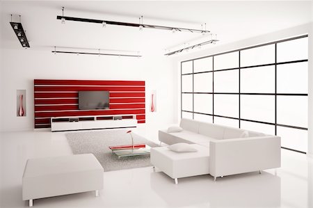 Modern Living room in white red interior 3d render Stock Photo - Budget Royalty-Free & Subscription, Code: 400-04283648