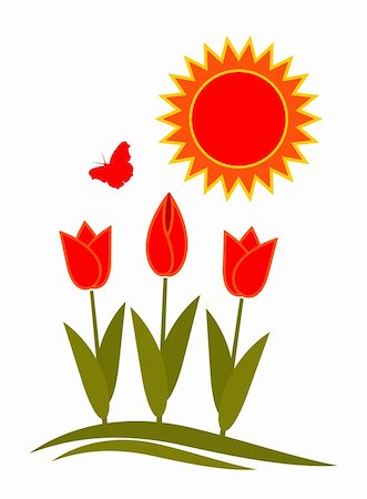 vector tulips, butterfly and sun on white background, Adobe Illustrator 8 format Stock Photo - Budget Royalty-Free & Subscription, Code: 400-04283826