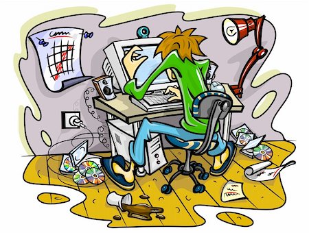 hacker working on computer in jumble room vector illustration Stock Photo - Budget Royalty-Free & Subscription, Code: 400-04283973