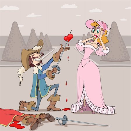 simsearch:400-04243019,k - At Valentine's Day musketeer presents a heart of his duel opponent as a gift to a lady. She is very surprised. Photographie de stock - Aubaine LD & Abonnement, Code: 400-04283998
