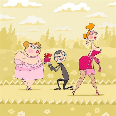 simsearch:400-04243019,k - At Valentine's Day boy presents a gift to his fat girlfriend, and in the same time another sexy girl is walking near them. Photographie de stock - Aubaine LD & Abonnement, Code: 400-04283999
