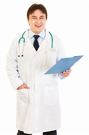 simsearch:400-04351236,k - Pleased  doctor holding medical chart in hand  isolated on white Photographie de stock - Aubaine LD & Abonnement, Code: 400-04294439