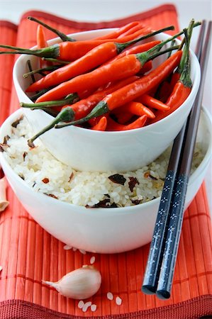 simsearch:400-05744487,k - Bowls of uncooked rice and chili peppers Asian Still Life Stock Photo - Budget Royalty-Free & Subscription, Code: 400-04294670
