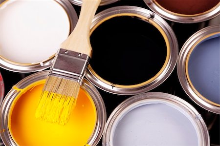 Paint cans, brush and other decoration equipment Stock Photo - Budget Royalty-Free & Subscription, Code: 400-04294755