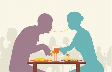 Colorful editable vector silhouette of lovers eating spaghetti together in a restaurant Stock Photo - Budget Royalty-Free & Subscription, Code: 400-04295121