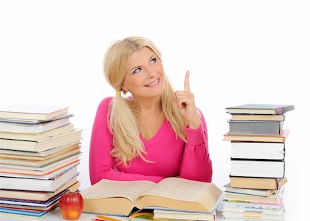 simsearch:400-04351619,k - young pretty smart woman with lots of books reading and study. isolated on white background Foto de stock - Super Valor sin royalties y Suscripción, Código: 400-04295621