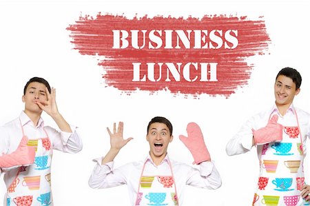 Funny collage with three cooking men in apron and text business lunch. isolated on white background Stock Photo - Budget Royalty-Free & Subscription, Code: 400-04295908