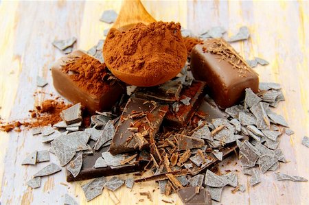 still life chocolate cocoa, chocolate chips and candy Stock Photo - Budget Royalty-Free & Subscription, Code: 400-04296111