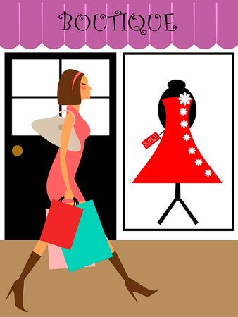 simsearch:400-04160265,k - Woman Shopping and Walking in Front of Boutique Store Illustration Stock Photo - Budget Royalty-Free & Subscription, Code: 400-04296382