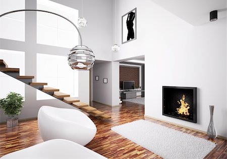 Modern interior with fireplace and staircase 3d render Stock Photo - Budget Royalty-Free & Subscription, Code: 400-04296436