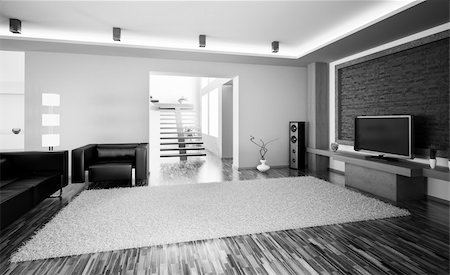 Black white living room with lcd interior 3d render Stock Photo - Budget Royalty-Free & Subscription, Code: 400-04296438