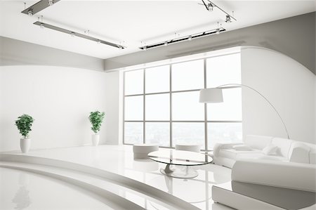 Modern interior in white with round sofa 3d Stock Photo - Budget Royalty-Free & Subscription, Code: 400-04296477