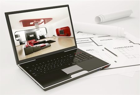 Laptop and blueprint of housing project 3d render Stock Photo - Budget Royalty-Free & Subscription, Code: 400-04296488