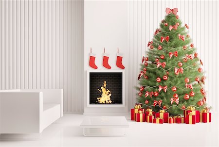 simsearch:400-04241664,k - Christmas fir tree in the modern room with fireplace interior 3d render Stock Photo - Budget Royalty-Free & Subscription, Code: 400-04296480