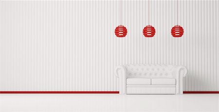 red cushion on a sofa - White sofa in white room with red plinth and lamps interior 3d Stock Photo - Budget Royalty-Free & Subscription, Code: 400-04296493