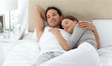 sleeping bed full body - Man dreaming on his bed while relaxing with his girlfriend at home Stock Photo - Budget Royalty-Free & Subscription, Code: 400-04296680