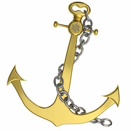 Render of golden anchor with silver chain isolated on white background Photographie de stock - Aubaine LD & Abonnement, Code: 400-04297304
