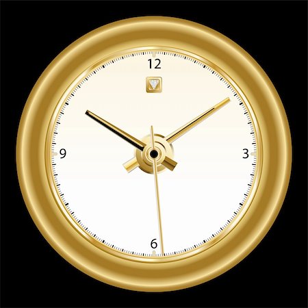 simsearch:400-05682859,k - Clock, classic gold rimmed wall clock with golden colored dials. Copy space for text. Isolated on black. Photographie de stock - Aubaine LD & Abonnement, Code: 400-04297676