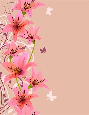 easter lily background - Vertical pink spring background with lilies and flourishes Stock Photo - Budget Royalty-Free & Subscription, Code: 400-04298097