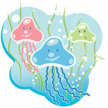 Illustration, three varicoloured medusas with turn blue sea Stock Photo - Budget Royalty-Free & Subscription, Code: 400-04298213