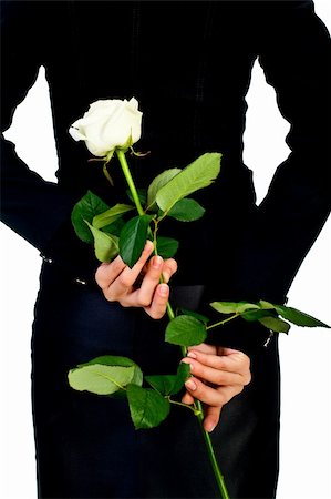 Girl in black with white rose. Isolated on white. Fotografie stock - Microstock e Abbonamento, Codice: 400-04298234