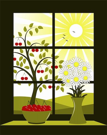 vector cherry tree outside window, Adobe Illustrator 8 format Stock Photo - Budget Royalty-Free & Subscription, Code: 400-04298594