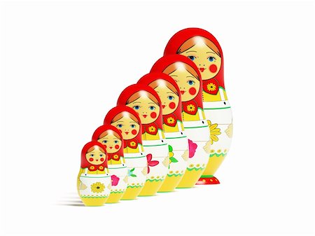 simsearch:400-06473880,k - Russian dolls on white background. Russian wooden toy in the manner of painted doll, inwardly   which are found like by her dolls of the smaller size.  It's 3D image. Stock Photo - Budget Royalty-Free & Subscription, Code: 400-04298796