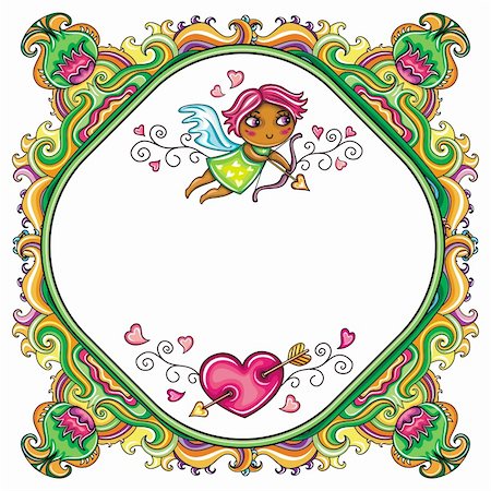 Valentine's day funny, floral framework, with cute little angel or cupid, flying in the floral pattern, with space for your text inside. Isolated on white background. Happy Valentines Day! Photographie de stock - Aubaine LD & Abonnement, Code: 400-04299184