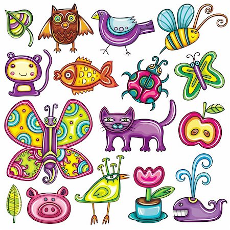 Flora and fauna theme. Cartoon vector set of colorful icons of animals, birds and plants. Doodle collection contains: leafs, owl, pigeon, bumble bee, monkey, goldfish, ladybug, butterfly, kitten, apple, pig, tropical bird,  tulip in the pot, whale Stock Photo - Budget Royalty-Free & Subscription, Code: 400-04299185