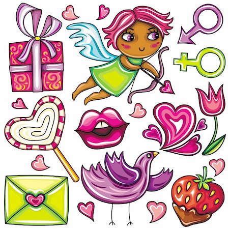 Decorative valentine elements:cute cupid shooting arrows, chocolate dipped strawberry, heart shaped lollipop, love letter present, singing love bird, flower, male and female gender signs Fotografie stock - Microstock e Abbonamento, Codice: 400-04299194
