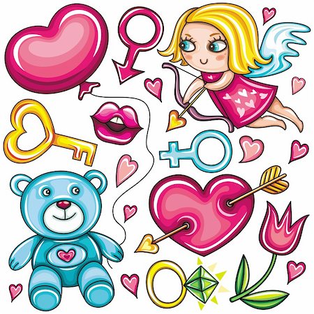 simsearch:400-04299195,k - Decorative valentine elements:cute cupid shooting arrow, key to the heart,  teddybear, heart with arrow through,   female and male gender signs, diamond ring, tulip flower, hot kiss, heart shaped balloon. Stock Photo - Budget Royalty-Free & Subscription, Code: 400-04299196