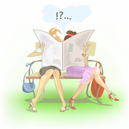 Funny postcard with two girls reading newspaper. Stock Photo - Budget Royalty-Free & Subscription, Code: 400-04299381