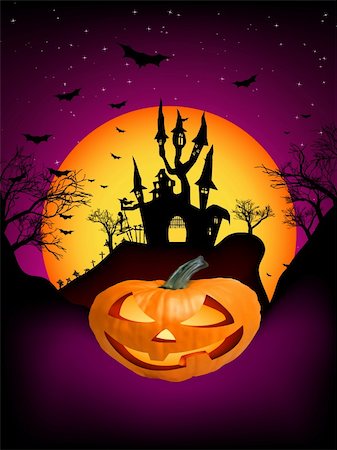 Vector Haunted House on a Graveyard hill at night with full moon. EPS 8 vector file included Stock Photo - Budget Royalty-Free & Subscription, Code: 400-04299502