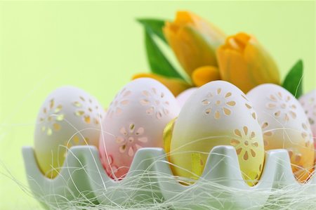 Flowery Easter eggs in an egg holder. Shallow dof Stock Photo - Budget Royalty-Free & Subscription, Code: 400-04299860